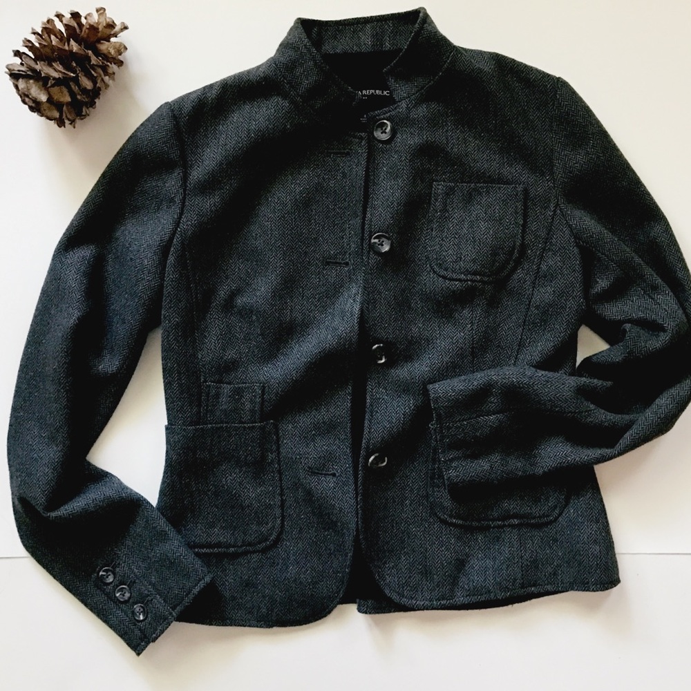Tweed herringbone mandarin collar blazer